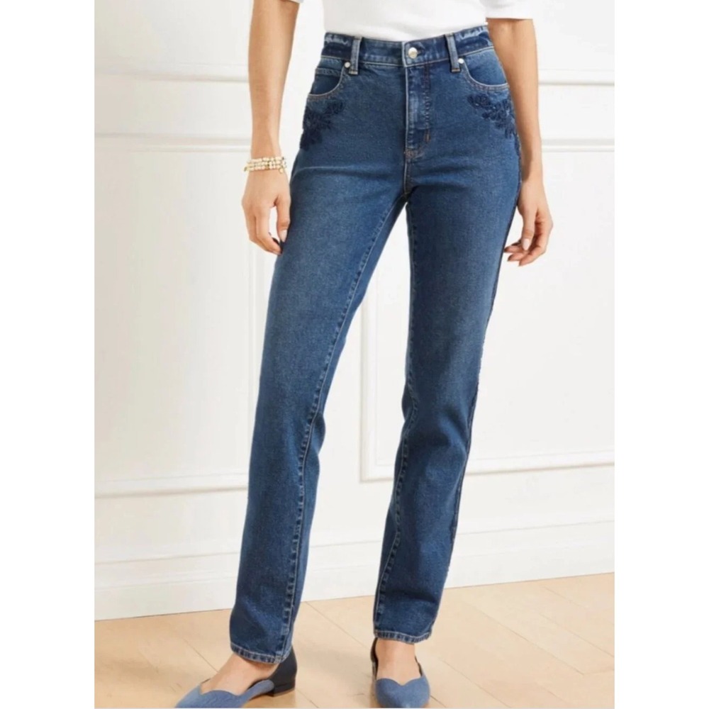 Talbots Women's 16W Straight Leg Jeans High Waist Ivy Embroidered Blue Denim NWT